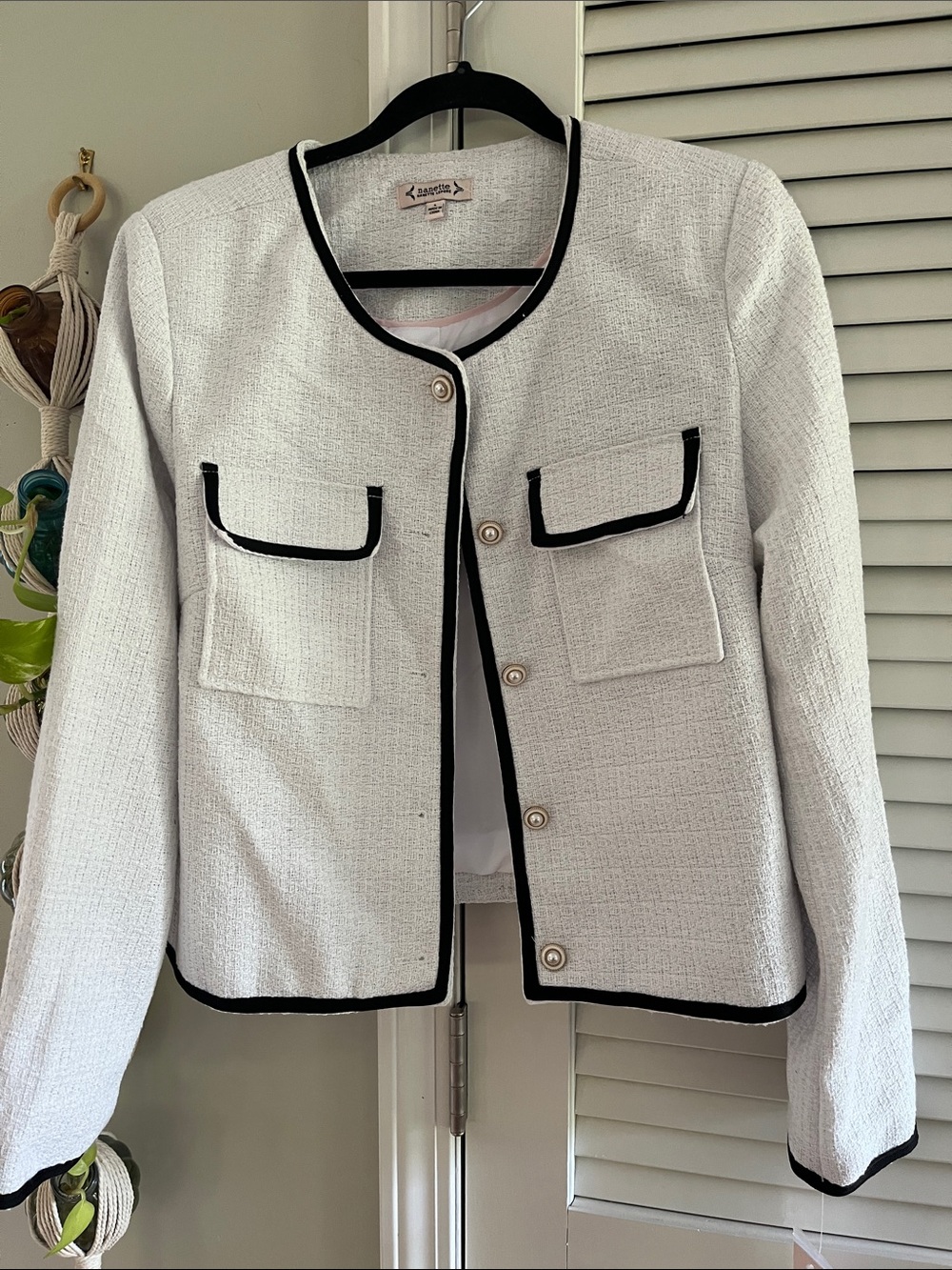Nanette Lepore White Tweed Jacket with Black Trim